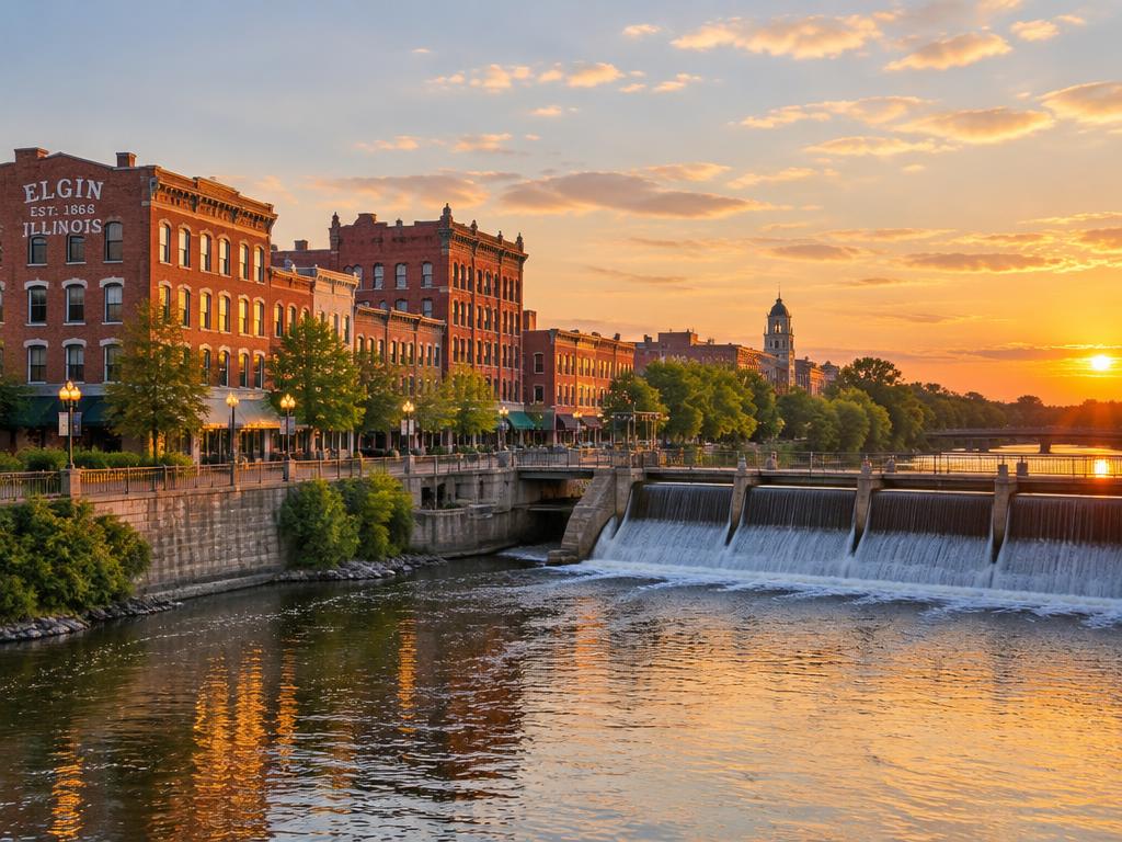 Brick buildings beside the Fox River dam (illustrative)