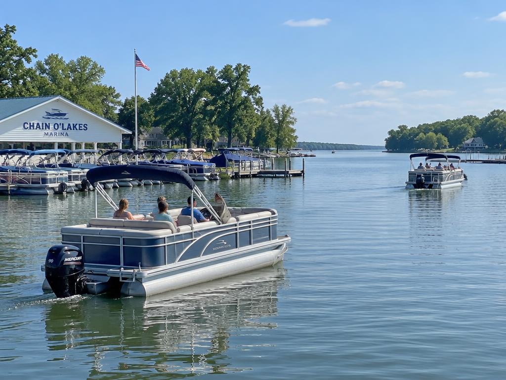 Pontoon boats on the Chain O'Lakes (illustrative)