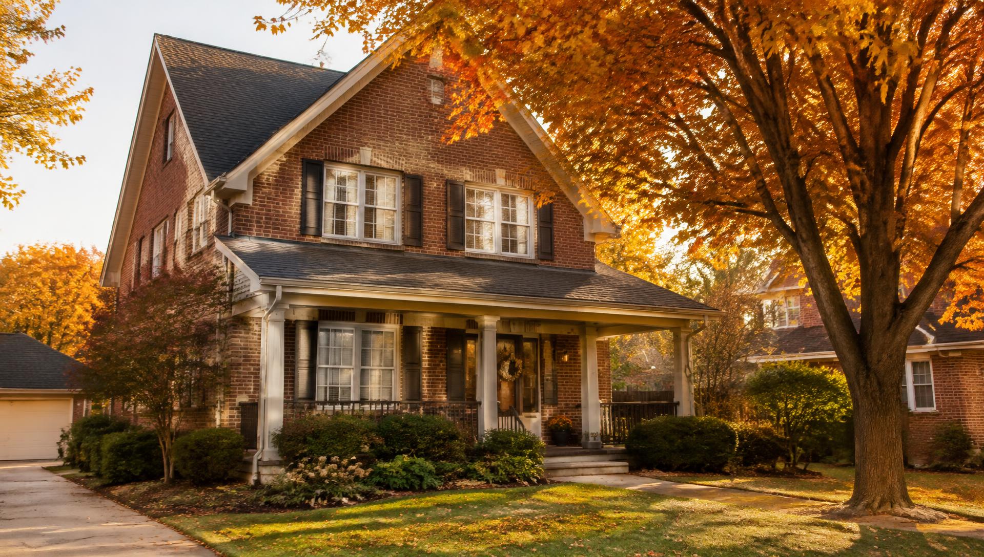Brick home with a front porch beneath autumn maple trees