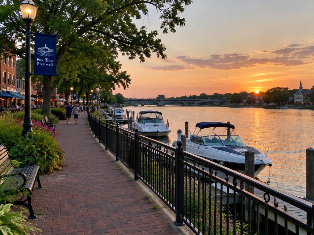 Riverwalk with boats along the Fox River (illustrative)